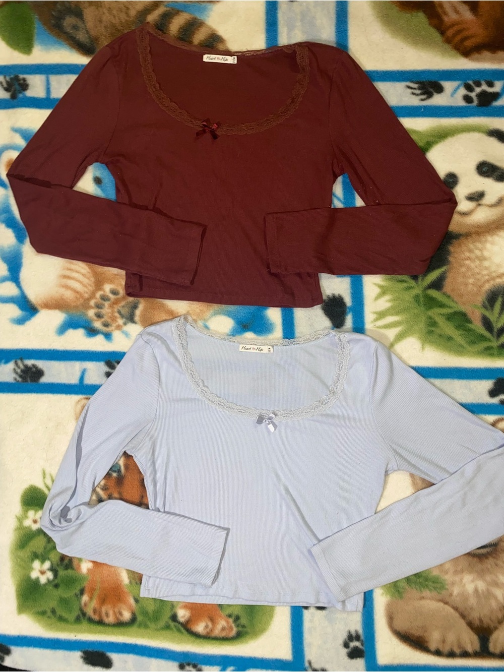 Bundle- Long Sleeve Lace Trim Scoop Neck Top - Burgundy and Light Blue